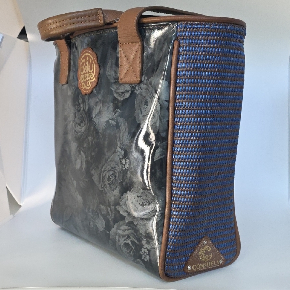 Consuela Blue Floral With Tan Leather Trim & Handles Bon Voyage Classic Tote